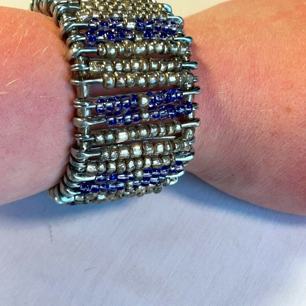 Vintage Stretchy Purple & Silver Beaded Safety Pin Bracelet